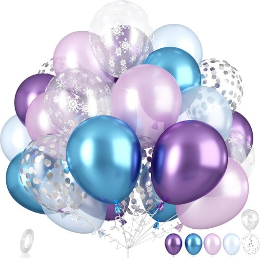 Snow Balloons Set, Pearl Purple Blue Metallic Purple Blue Snowflake Latex Balloon with Silver Confetti Balloons for Winter Wonderland Christmas Princess Girl Birthday Baby Shower Party Decor