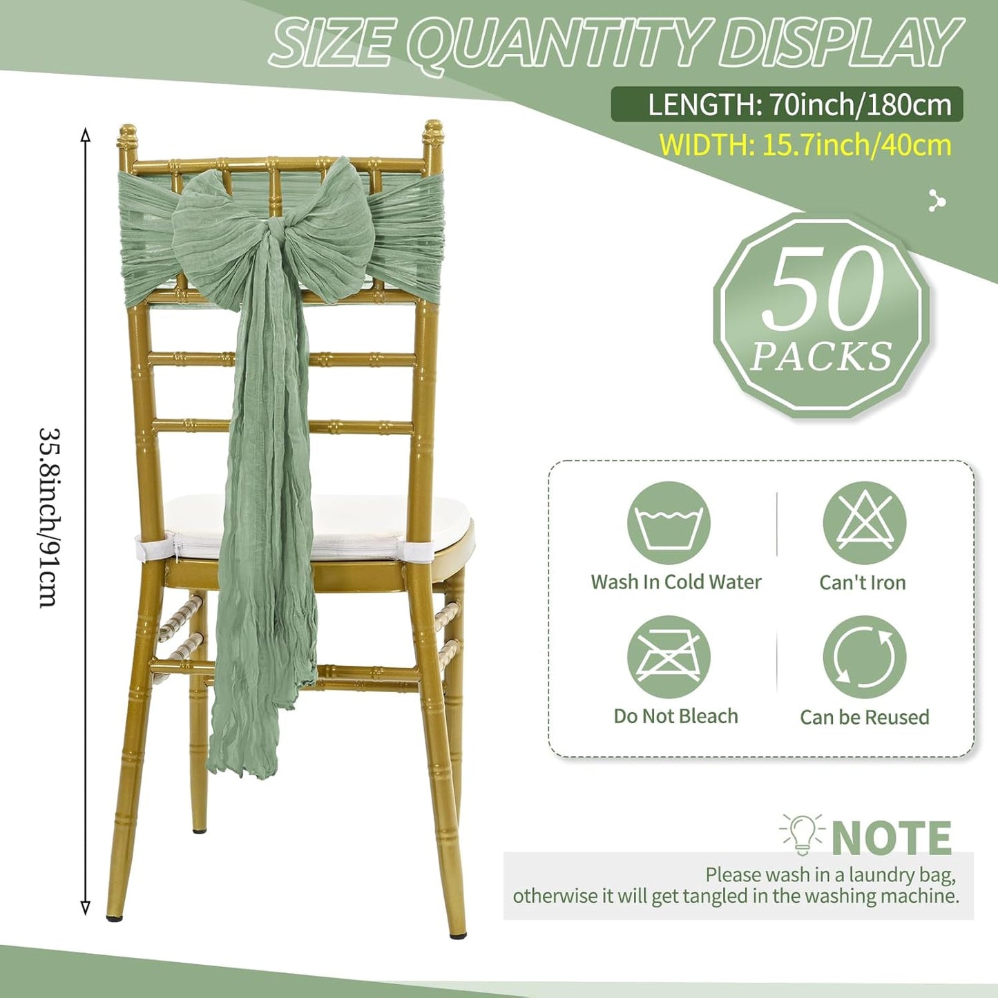 50 PCS Cheesecloth Chair Sashes Bows Wedding Aisle Decorations Chair Ribbon Ties Back Sash for Wedding Party Events Banquet Chair Cover Decoration (Sage Green)