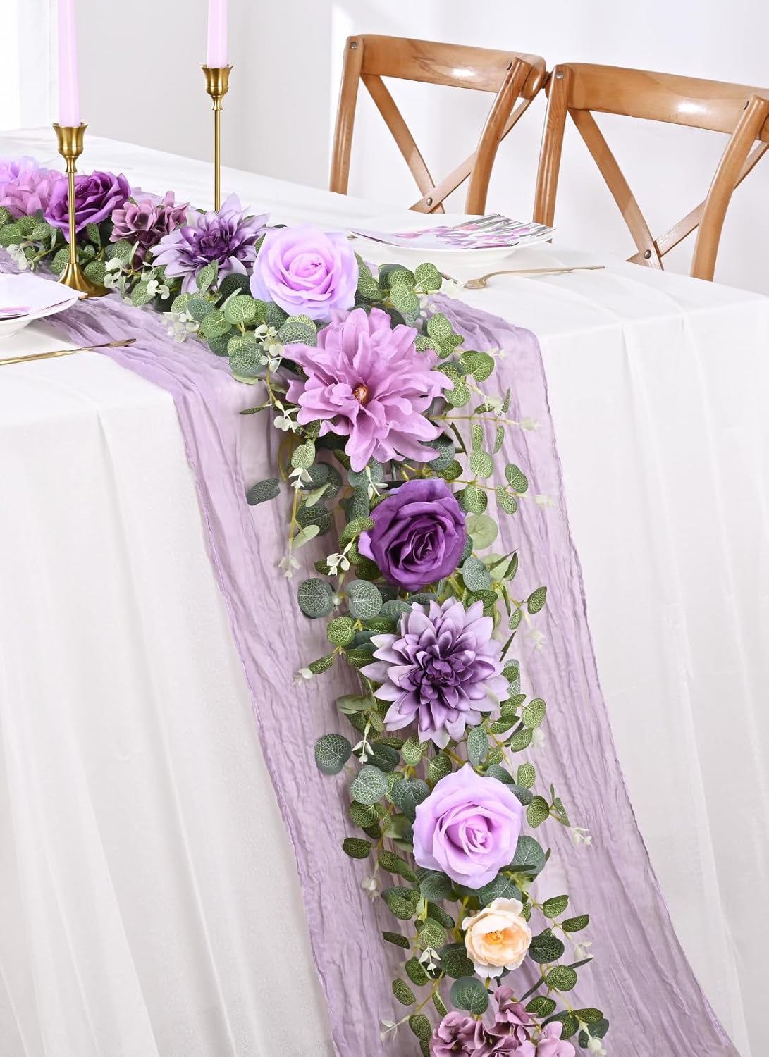 Waipfaru Flower Garland, 6.07Ft Eucalyptus Garland with Flowers, Silk Rose Floral Vines for Wedding Reception Table Mantle Decor (Purple)
