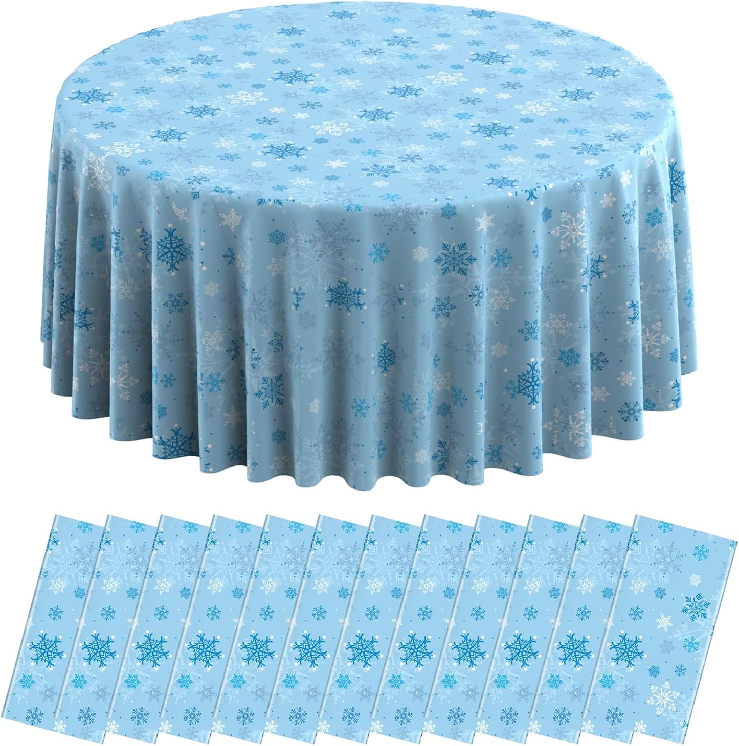 12 Pcs Christmas Snowflake Plastic Party Tablecloth Decorations,Disposable Light Blue Snowflake Round Table Cover Backdrop for Winter Onederland Christmas Holiday Party Supplies,84 inch (Light Blue)
