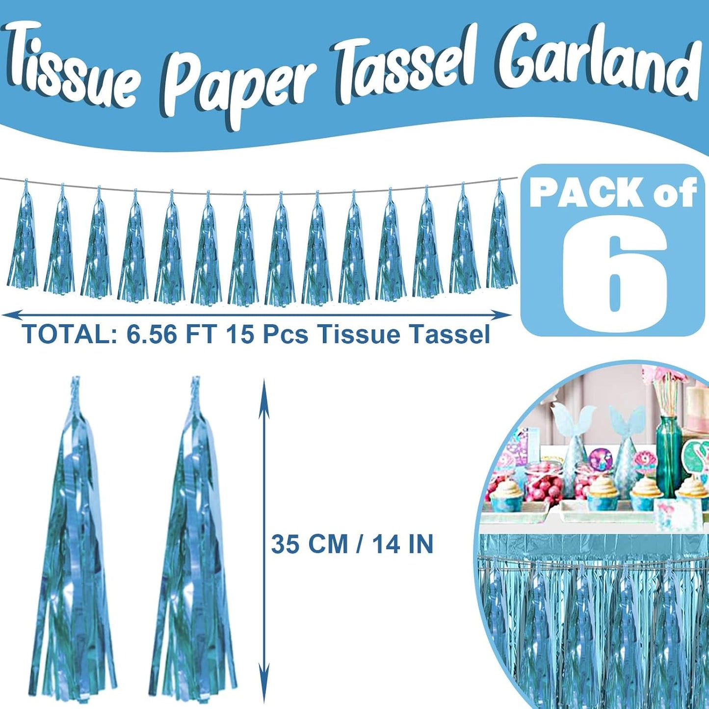 6P Light Blue Foil Fringe Metallic Tassel Streamers Banner Tassel Garland for Parade Floats, Bachelorette, Wedding, Birthday, Graduation, Christmas, Bridal/Baby Shower Party Decorations