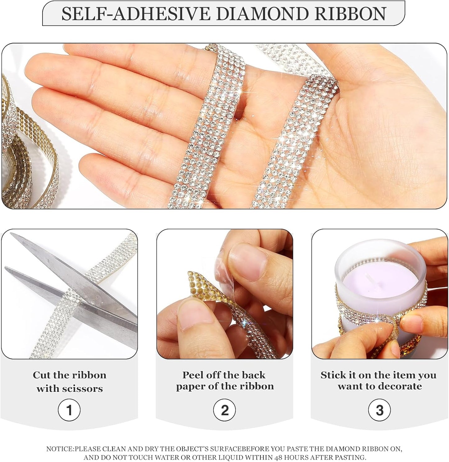 Rhinestone Ribbon 3 Yards Self Adhesive Rhinestone Strips Diamond Ribbon Sticker Crystal Roll Glitter Bling 2mm Rhinestones Tape for Crafting DIY Art Decoration (Silver,0.4 Inch)