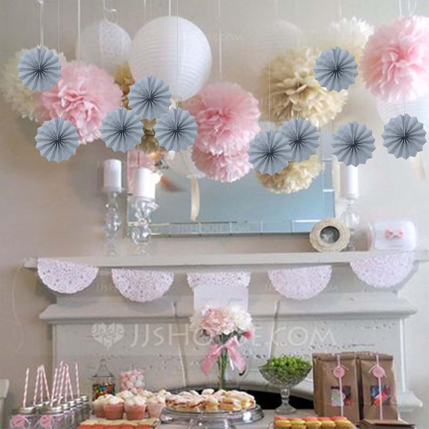 Gray Party Decorations,Wedding Decorations for Party Events Accessories,Anniversary Decorations,Birthday Decorations for Men,8in Hanging Paper Fans 30 Color DIY Set(Gray)