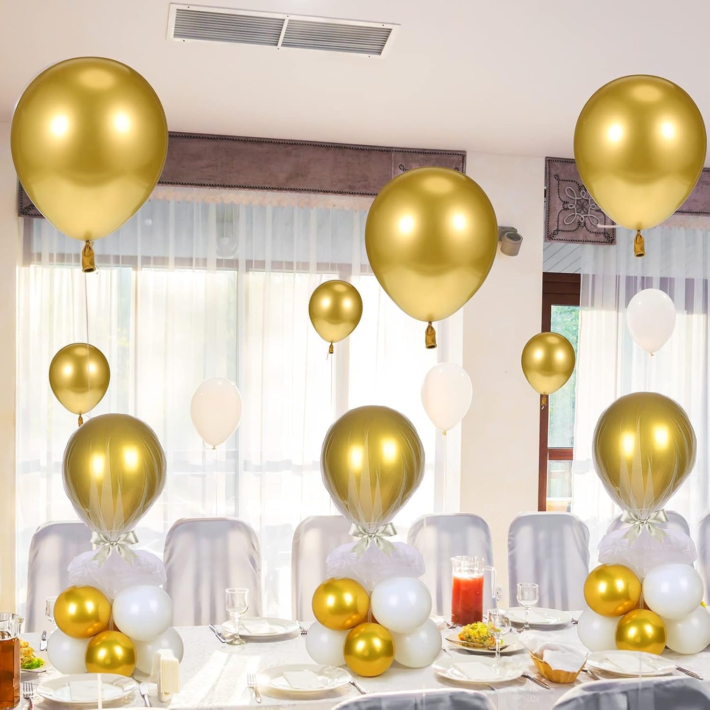 BBTO 8 Set Table Centerpieces Balloons Stand Kit, 80 Pcs Latex Balloons and Table Stand Holder with Base Tulle for Wedding Birthday Baby Shower Party(Gold and White)