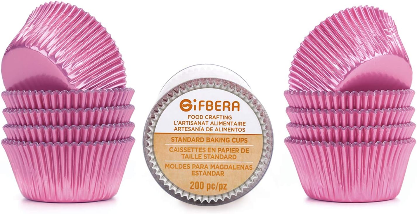 Gifbera Standard Pink Foil Cupcake Liners Wrappers Baking Cups 200 Count, Pink