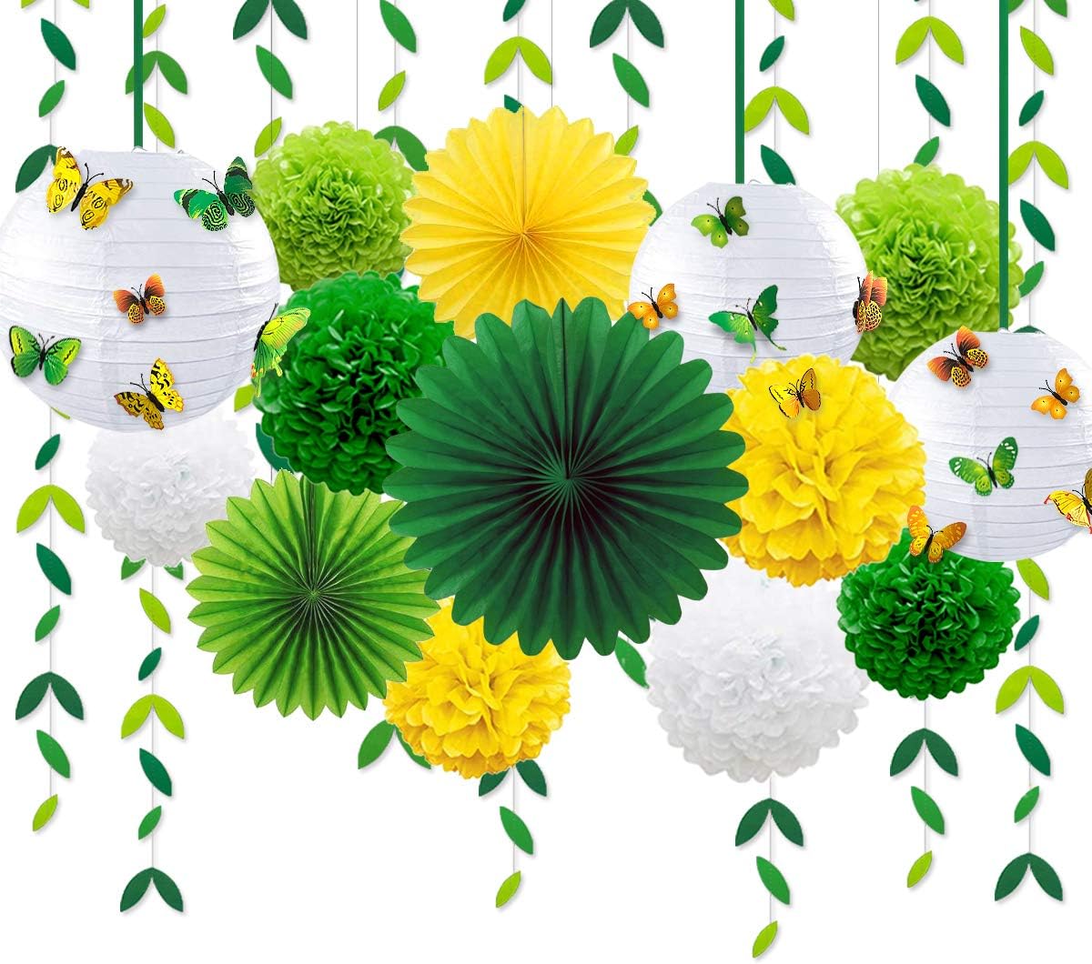Yellow Green Party Decoration Kit Hanging Paper Fans Lanterns Flowers Pom Pom with 3D Butterfly Green Leaves Garland for Birthday Wedding Engagement Baby Shower Spring Summer Garden Tea Party Decor