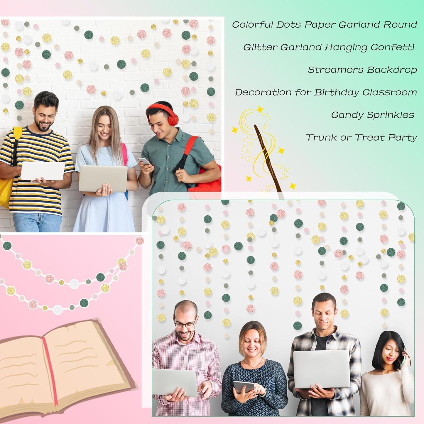 Outus 10 Pieces Colorful Dots Paper Garland Round Glitter Garland Hanging Confetti Streamers Backdrop for Candy Birthday Classroom Halloween Trunk or Treat Car Decoration (Sage Green,Pink,Gold)