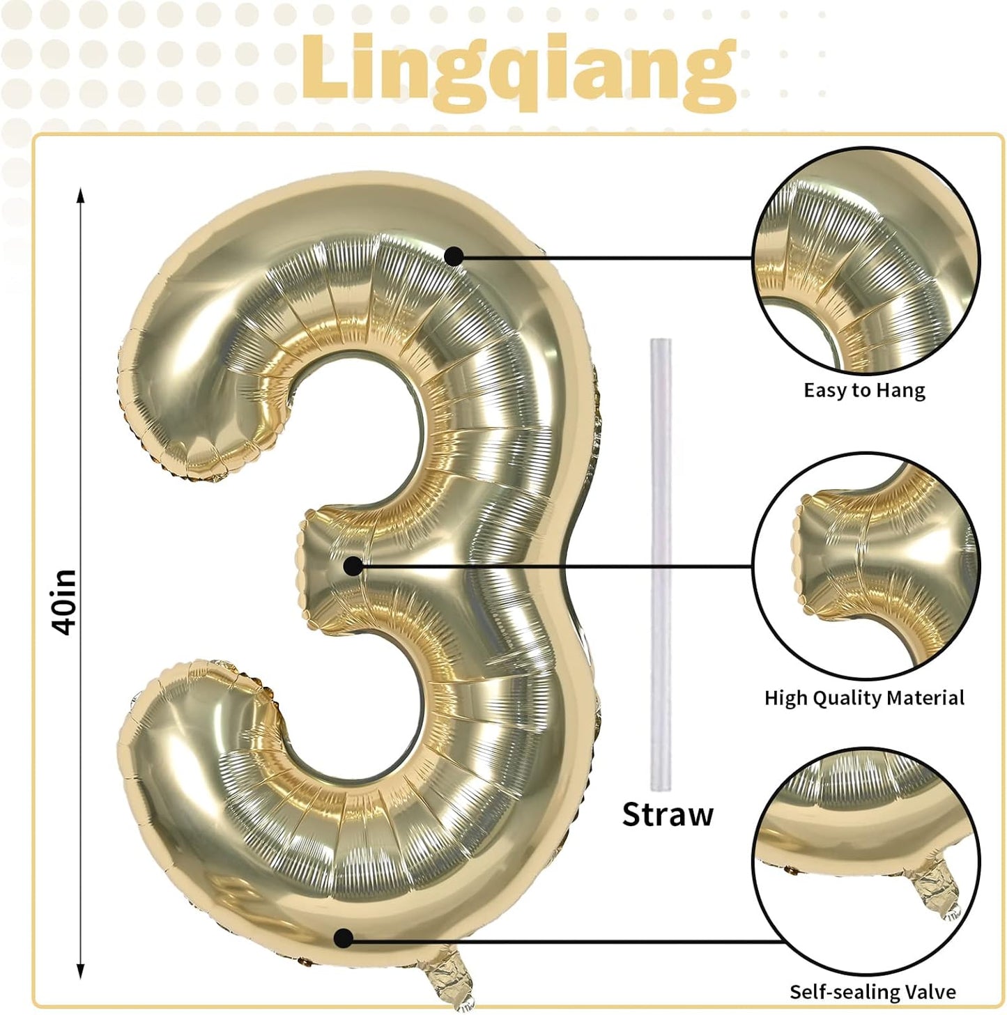 Champagne Gold Number 3 Balloons, 40 Inch Giant Light Gold Helium Foil Number 0-9 for Girls, Self Inflating 3rd Birthday Balloon for Boys Women Men Anniversary Baby Shower Party Decorations Supplies