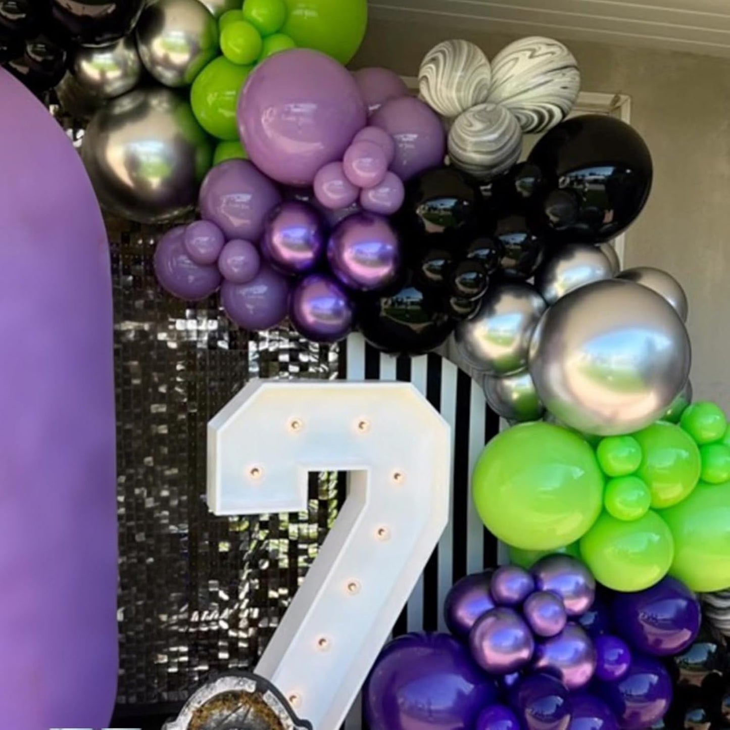 Purple and Green Balloons, 52 PCS 12 Inch Metallic Chrome Purple Light Green Black Latex Balloons with Black Green Confetti Balloons for Boys Girls Birthday Party Baby Shower Decorations