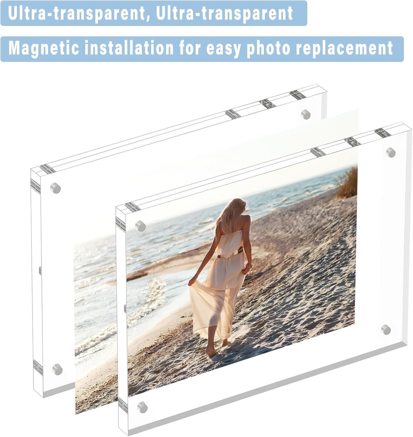 HELPLEX Acrylic Frame, 5 Pack 3.5x5 Acrylic Picture Frames, 20mm Thicker Frameless Clear Frame Double Sided Magnetic Frame, Free Standing Desktop Display Stand Acrylic Frames, 3.5x5(5 PACK)