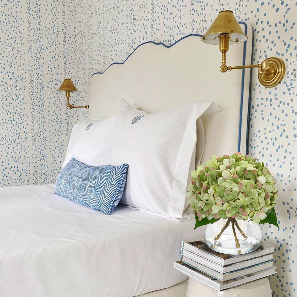 Hollyone Hydrangea Artificial Flowers with Glass Vase Dark Green Silk Faux Flowers Arrangements in Vase with Faux Water Fake Floral Bulk Bouquet for Home Decor Table Centerpiece Decorations