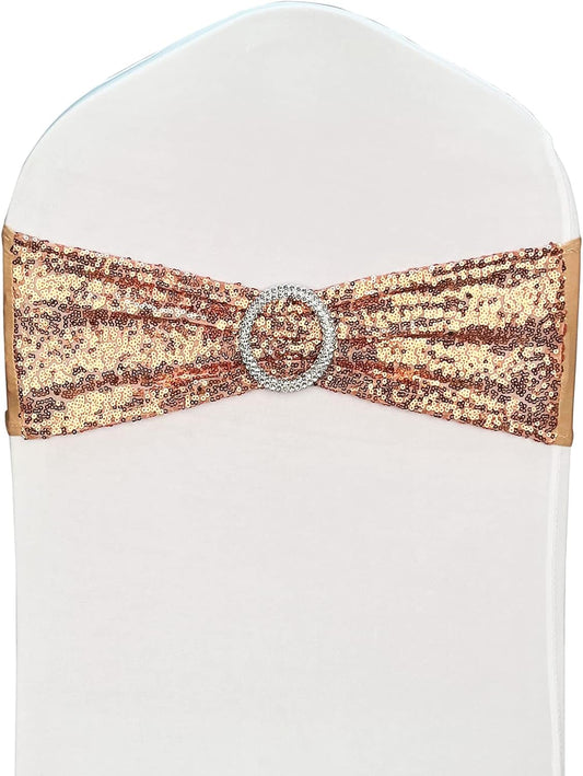 10 Pcs Sequin Chair Sashes Stretch Chair Bands Spandex Polyester Bows for Party Hotel Wedding Banquets Decoration - Rose Gold