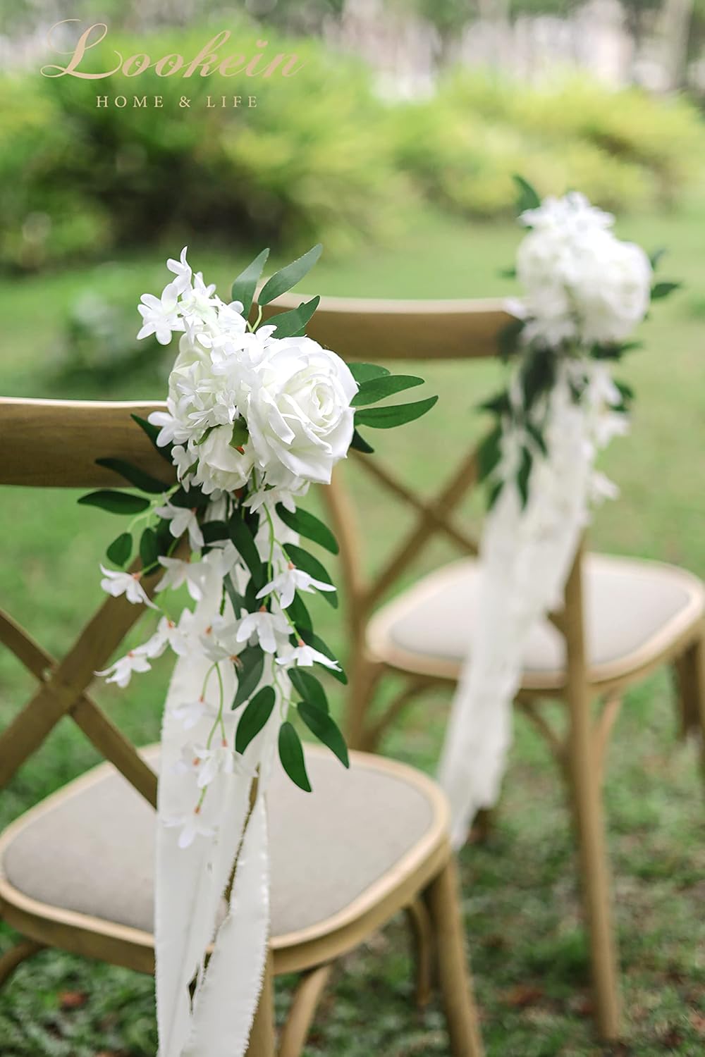 Lookein Set of 8 Pew Flowers for Wedding Ceremony Chair Decorations Bench Decoration Wedding Aisle Chair Decoration, Natural White