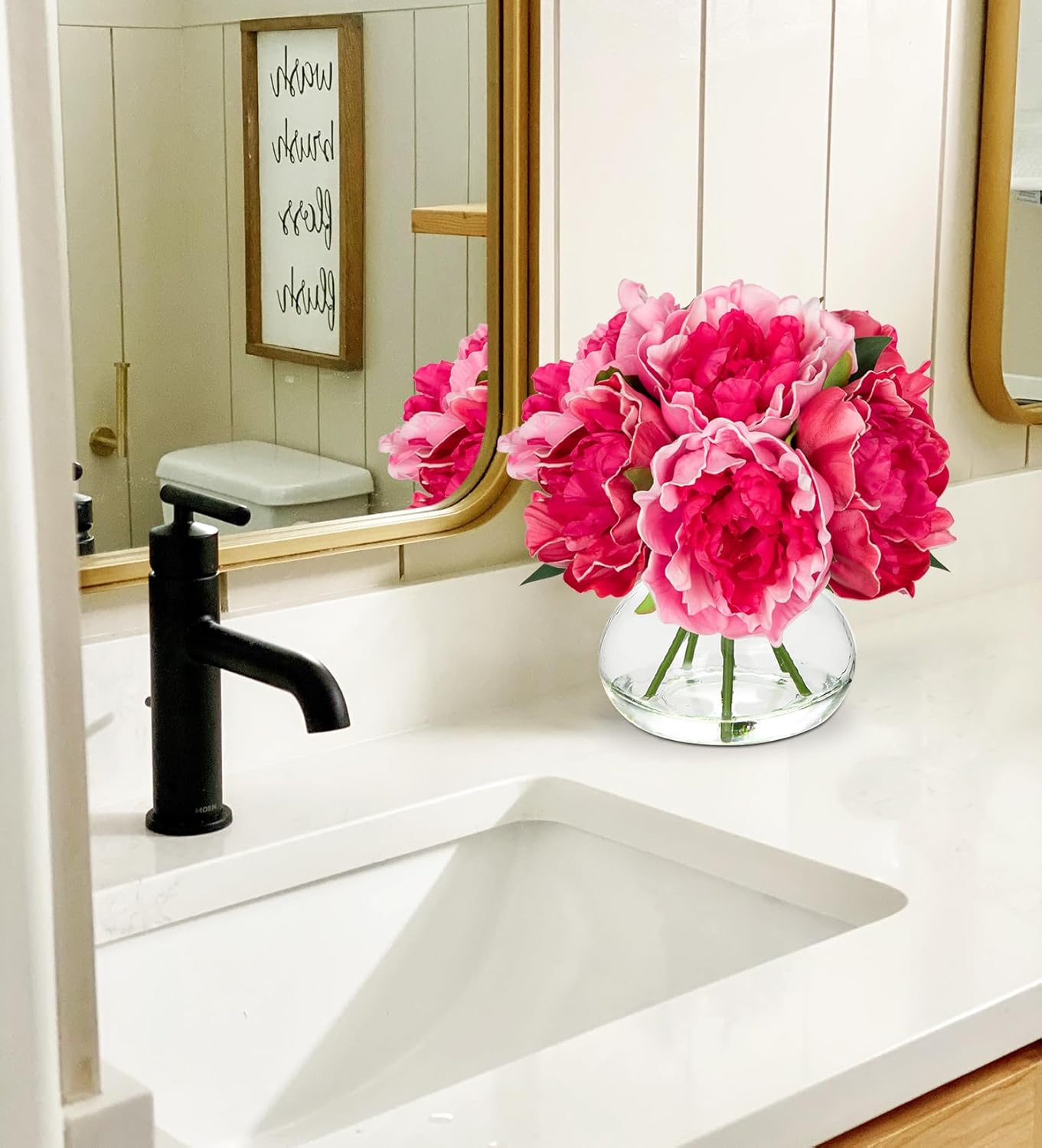 Hollyone Peonies Artificial Flowers with Vase Hot Pink Faux Flowers Peony Fake Flowers Silk Flower Arrangements in Glass Vase with Faux Water for Home Decor Bathroom Table Centerpiece Decorations