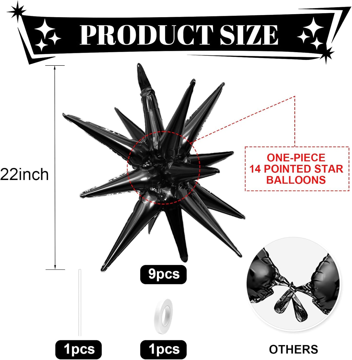 Black Star Balloons,9Pcs 22Inch Black Explosion Spike Cone Helium Polyester Film Star Foil Balloons for Birthday Anniversary Baby Shower Wedding Disco Party Decorations