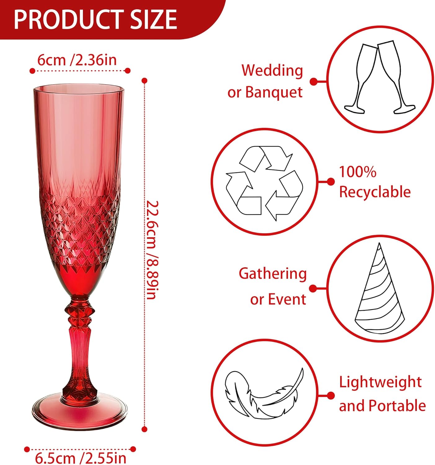 Plastic Champagne Flutes, 12PCS Dark Red Wine Glasses Goblets Cups Reusable Flute, for Christmas Weddings Bachelor Parties Toasting and Events(12, Dark Red)