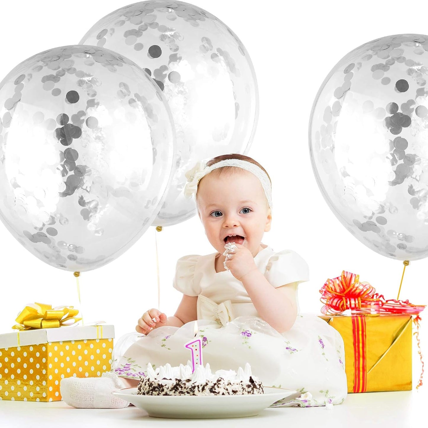 10 Pieces 18 Inch Glitter Confetti Balloons Paper Dots Confetti Shiny Latex Large Balloons for Birthday Wedding Party Decorations(Silver)