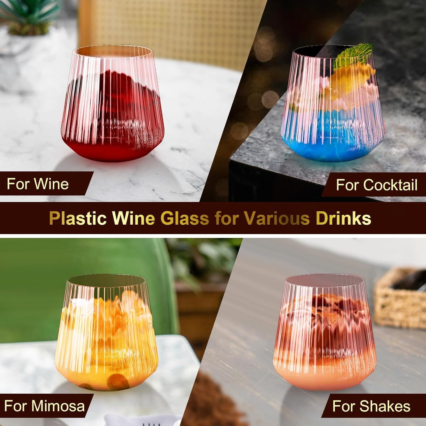 40 Pack Plastic Ribbed Wine Glasses, 14Oz Origami Disposable Wine Glasses Unbreakable Clear Plastic Cocktail Glasses Recyclable Shatterproof Reusable Wine Cups (14oz-pink-40pack)