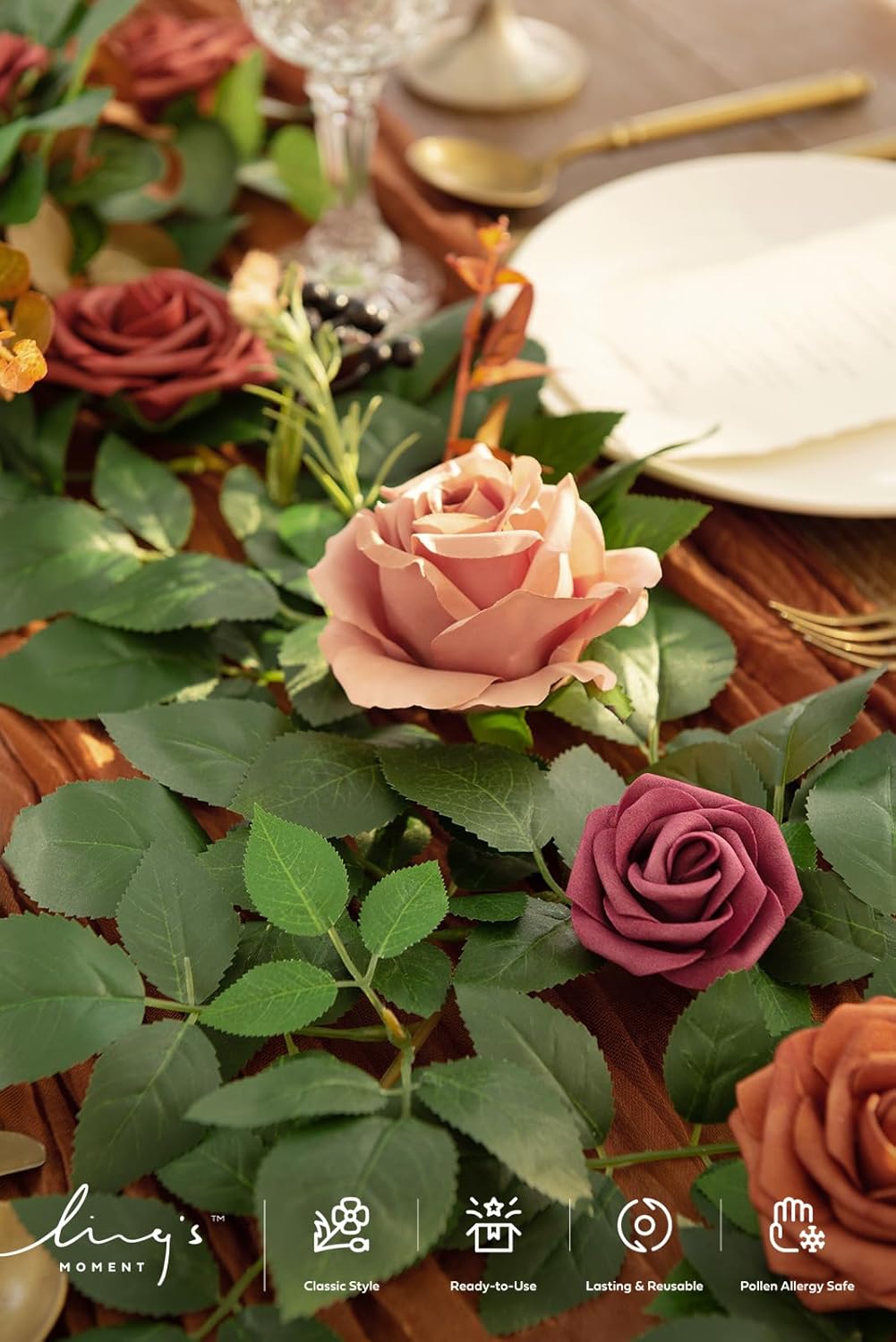 Ling's moment 5FT Terracotta Artificial Flower Garland Rose Eucalyptus Leaves Fall Floral Garland Burnt Orange Arch Flowers Vine for Wedding Party Backdrop Decor Mantel Table Centerpieces Decorations