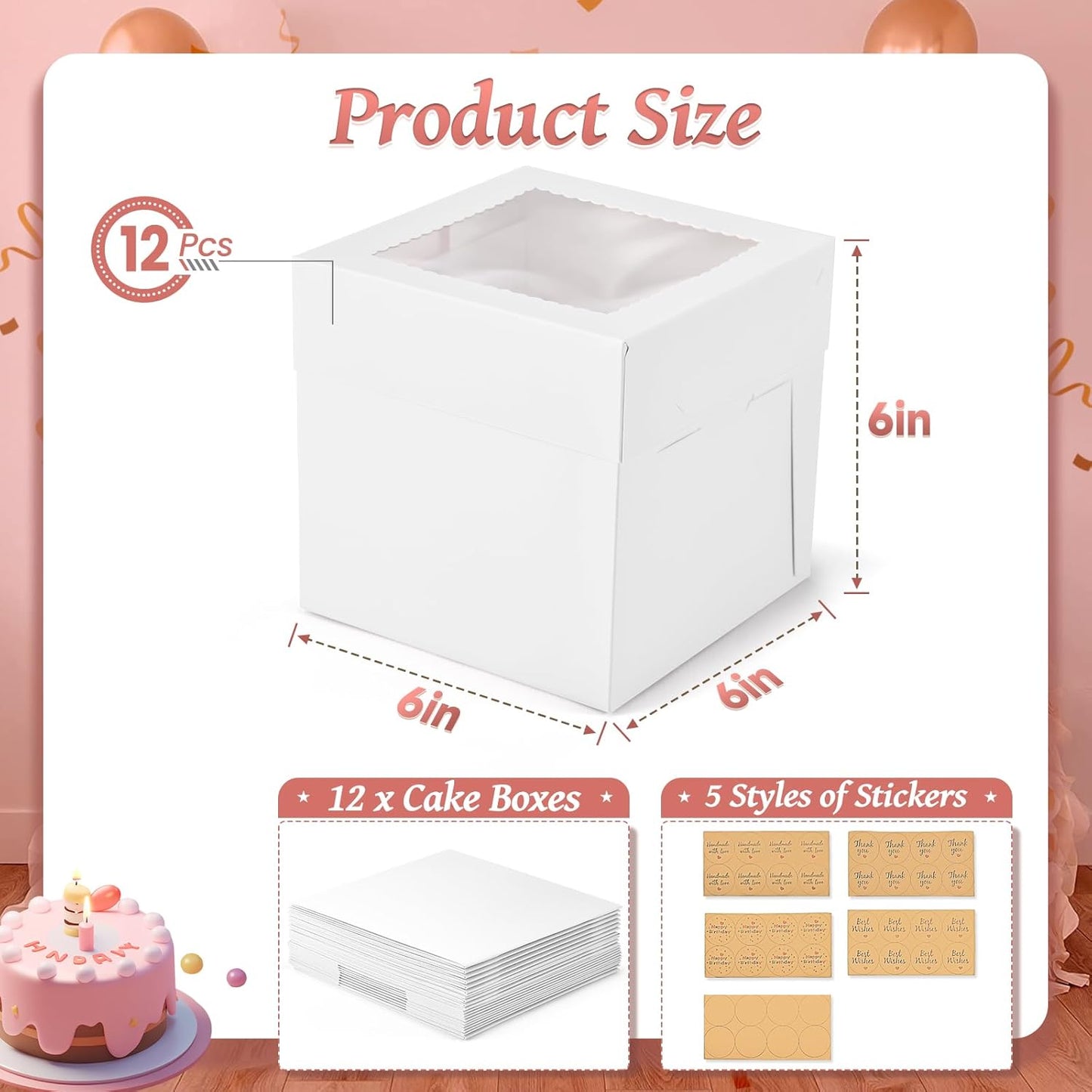 12Pcs 6x6x6 Inches Mini Cake Boxes, White Square Bakery Boxes with Window, Small Cake Containers for Pastries, Cookies, Chocolates, Cupcakes, Birthday Party Cajas Pasteles