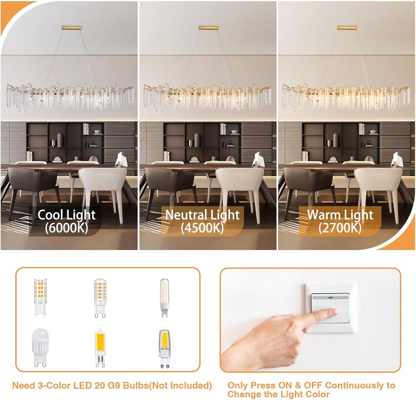 YUYI Modern Crystal Chandelier, 71" Gold Rectangular Chandeliers for Dining Room, Large Tree Branch Chandelier Luxury Ceiling Light Fixture for Living Room, Kitchen Island, Foyer, 5 Year Warranty