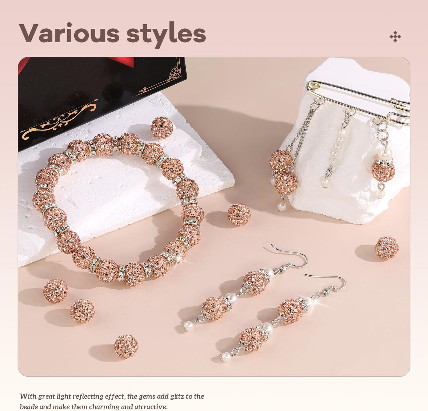 105pcs 10mm Rhinestone Beads for Jewelry Making, Light Peach Shiny Round Disco Ball Beads Bulk, Sparkle Crystal Clay Christmas for Bracelet Baseball Necklace Earring Crafting and DIY