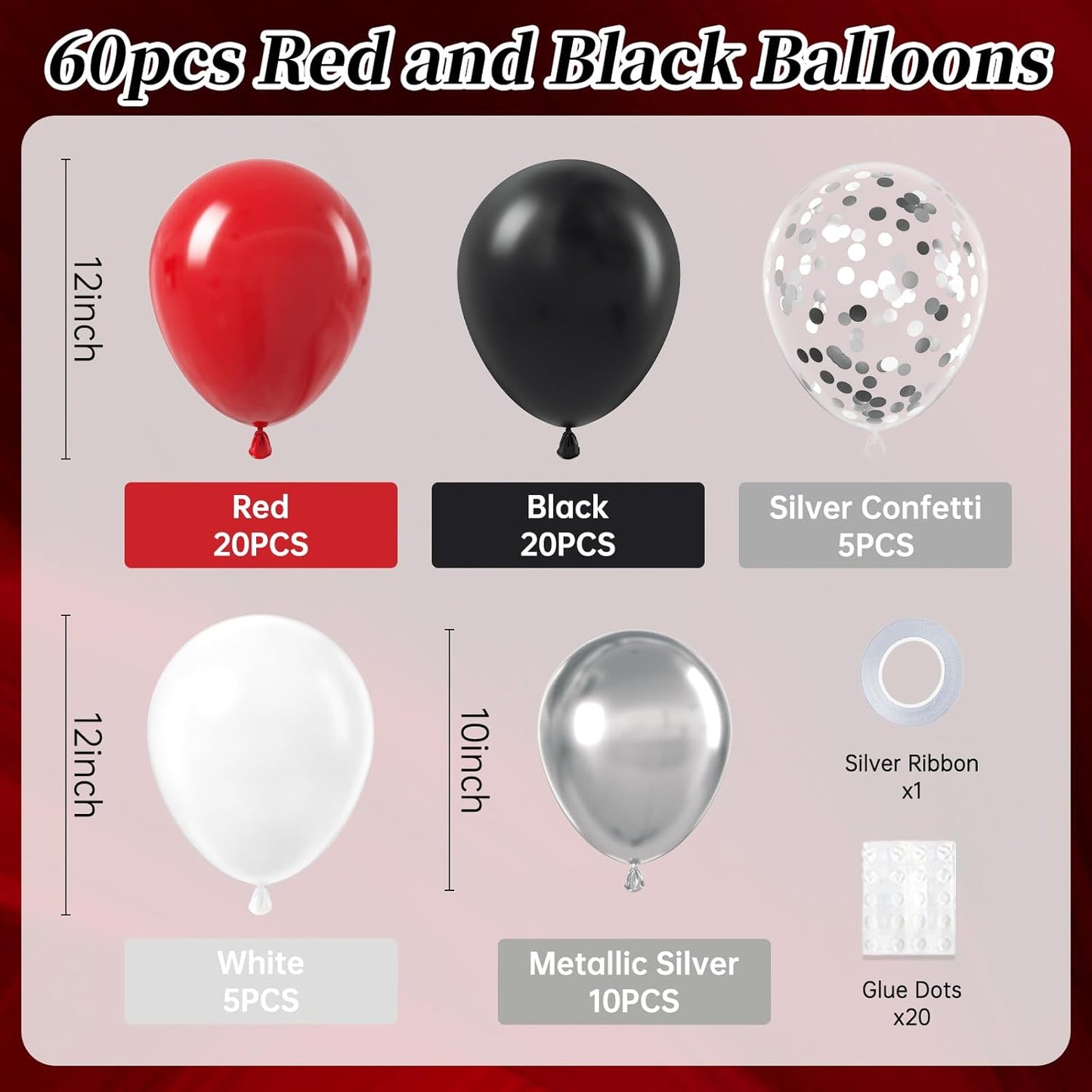 Red and Black Balloons, 60pcs 12inch Red Black White Silver Confetti Balloons for Graduation Birthday Party Decorations