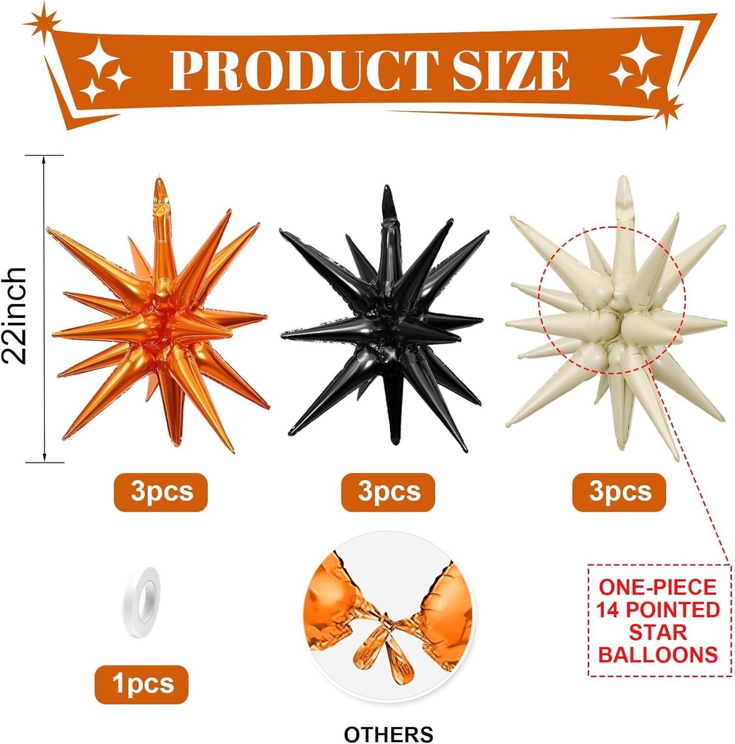 Black White Orange Star Balloons,9Pcs 22Inch Sand White Orange Explosion Spike Cone Helium Polyester Film Star Foil Balloons for Halloween Birthday Anniversary Baby Shower Party Decorations