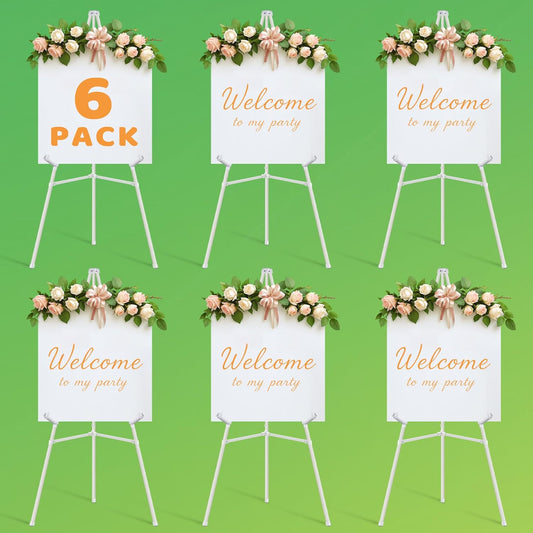 6 Pack White Easel Stand for Sign - 63" Adjustable Folding Floor Easels for Wedding Sign, Welcome Sign, Poster, Picture, Painting - Lightweight Portable Display Easels with Bags, Holds 5 lbs