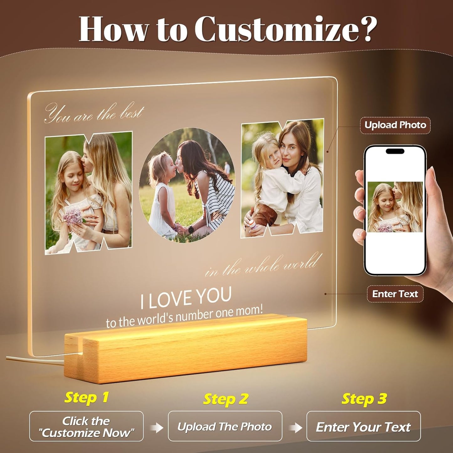 Custom Picture Frames with Photo, Personalized MOM Photo Frame with Night Light, Customized Picture Frame, Personalized Birthday Gifts for Mom, Baby, Kids, Family