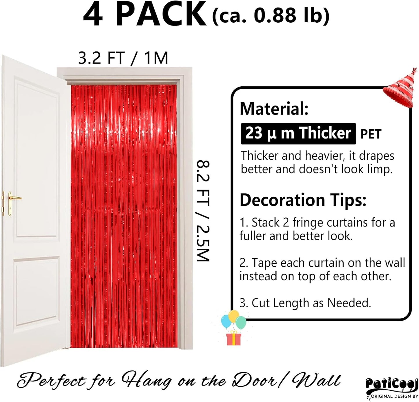 Red Streamers Party Decorations - Thicken 4 Pack 3.2 x 8.2 FT - Tinsel Foil Fringe Curtains Party Backdrop for Birthday, Casino, Carnival, Cherry, Hollywood Red Carpet Party Decorations