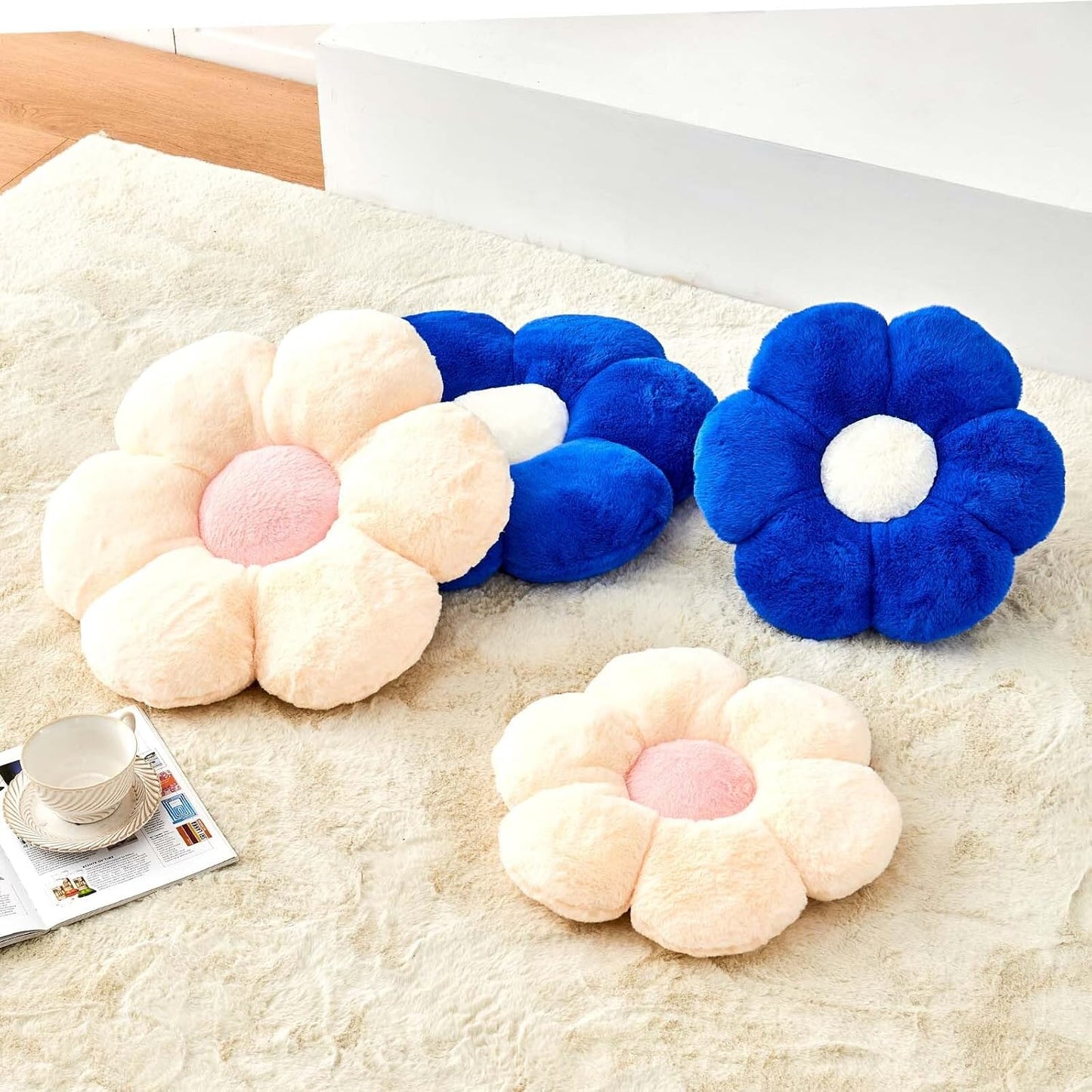 Royal Blue Flower Pillow, Cute Decorative Flower Shaped Throw Pillow with Faux Rabbit Fur, 19.6" Soft Flower Plush Throw Pillow Floor Pillows Room Décor for Bedroom Living Room