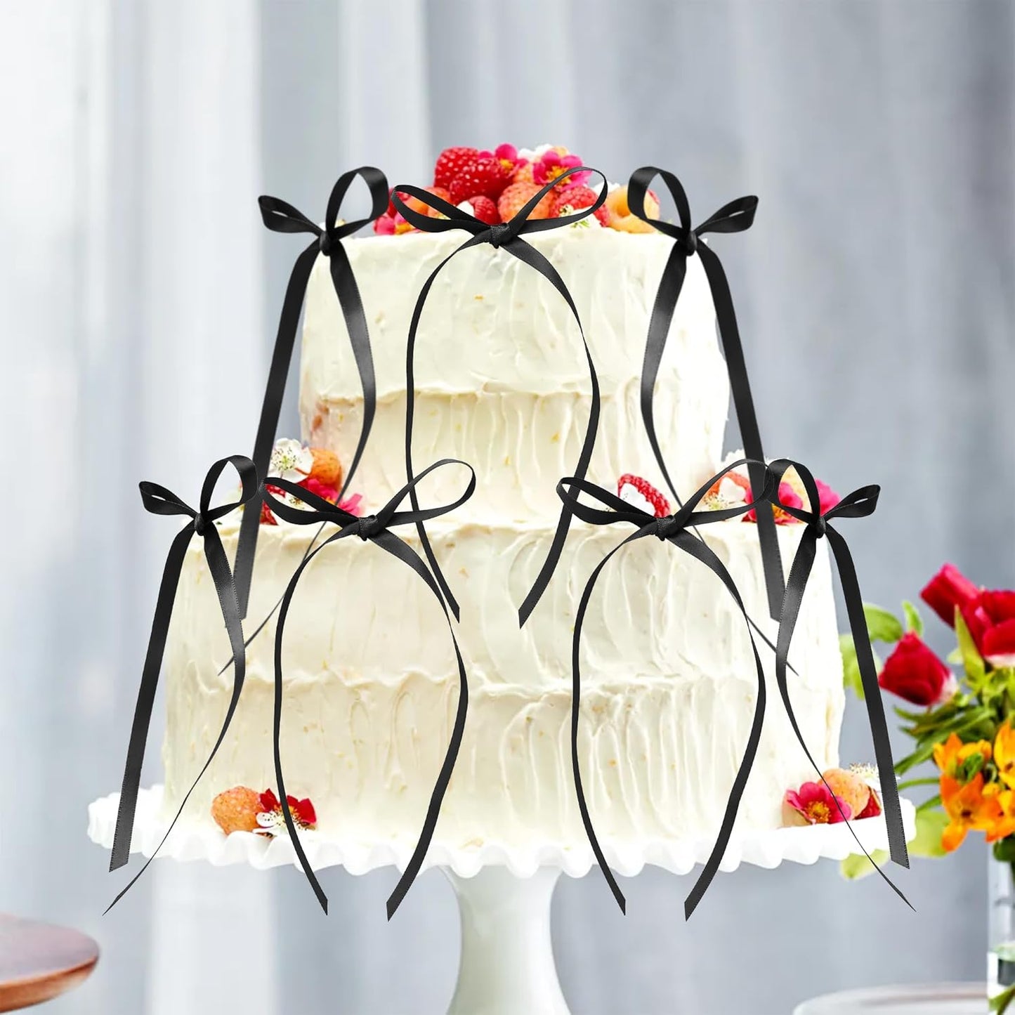 Ephlyn 30Pcs Bow Cupcake Toppers Valentine's Bowknot Ribbons Coquette Bow High Footed Cup Balloon Wall Party Decorations Cake Dessert Picks Birthday Wedding Party Supplies Black