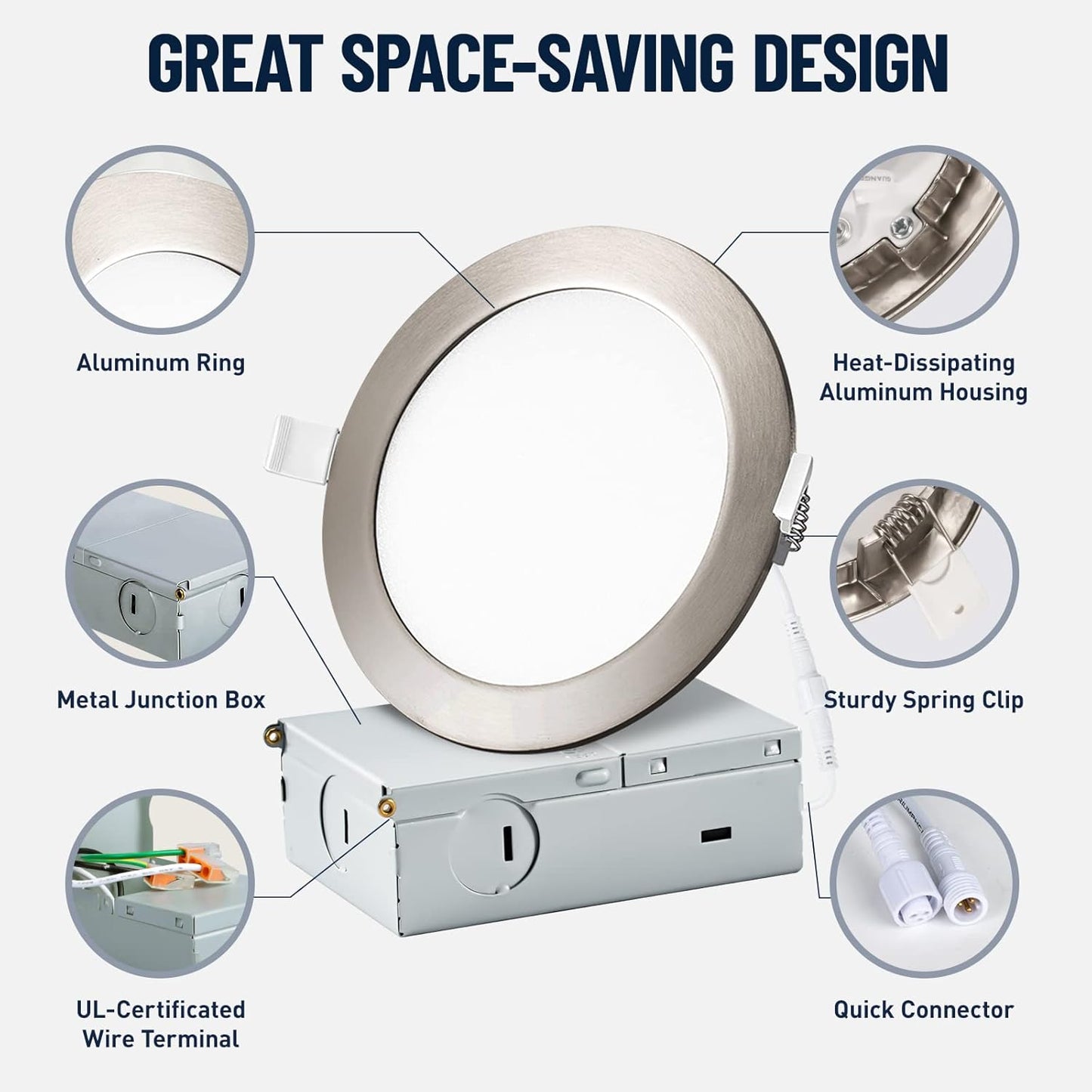12 Pack Recessed Lighting 6 Inch with Junction Box, 5CCT 6 Inch Brushed Nickel LED Recessed Lights Dimmable 2700K-6000K, 15W 1200lm Ultra Thin Recessed Lighting - ETL and Energy Star Certified