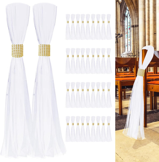 Large White Pew Bows Tulle Wedding Aisle Chair Decorations, Extended Church Pew Decor Aisle Flowers Runner for Weddings Ceremony Outside Decorations (38, Gold Wrap)