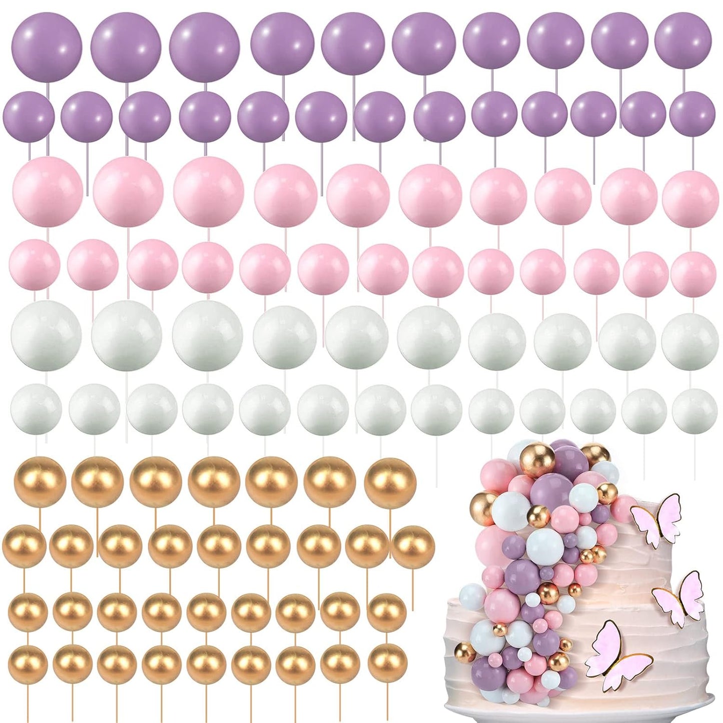 108 Pcs Balls Cake Topper DIY Cupcake Insert Foam Balloons for Cake Baking Wedding Anniversary Birthday Decoration(Pink, Purple, White, Gold,Multi Sizes)