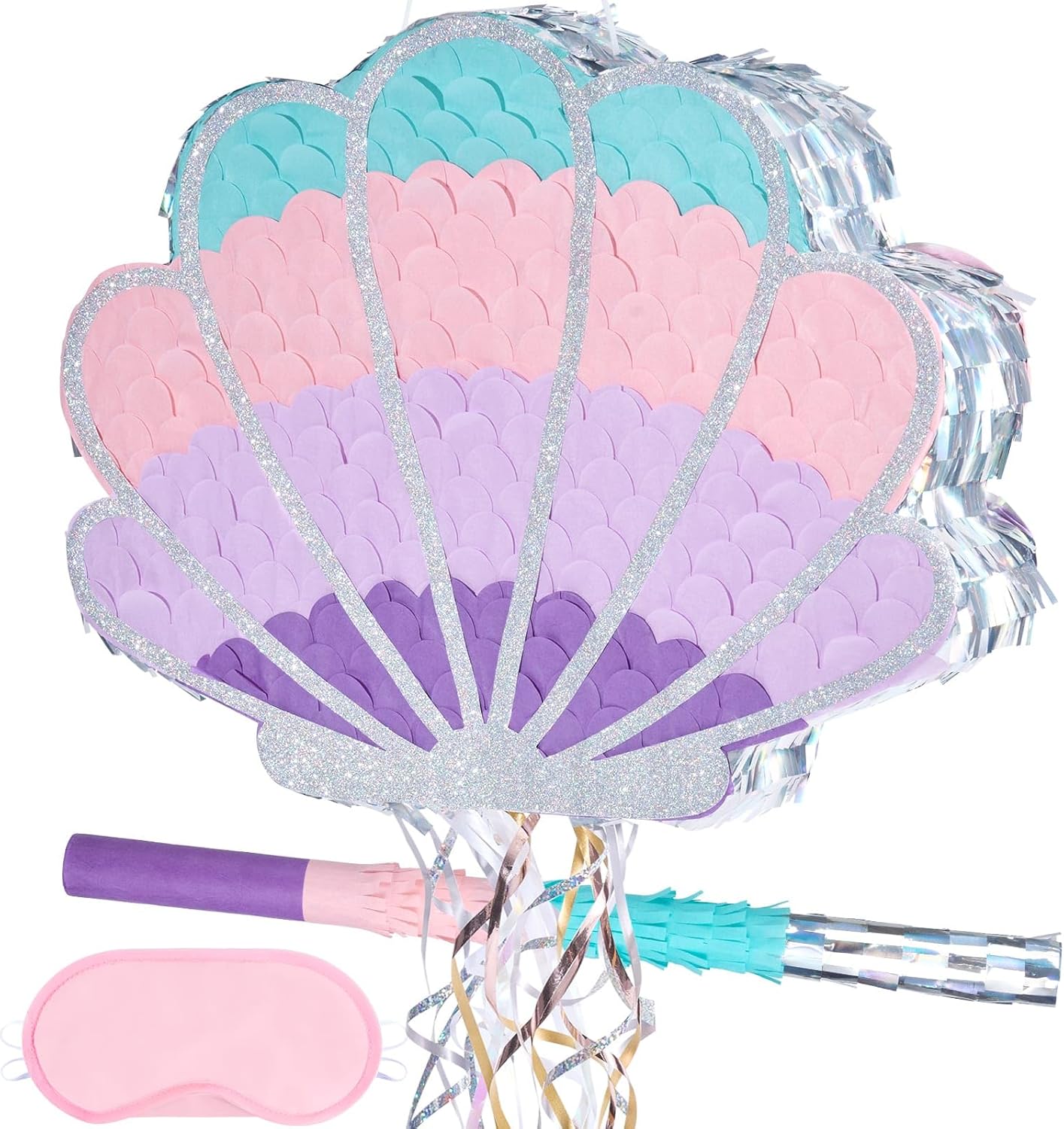 Wernnsai Mermaid Seashell Piñata - Pink Shellfish Pinatas for Kids Girls Birthday Mermaid Princess Party Decorations Under The Sea Ocean Theme Party Games With Bat Blindfold 16“ x 12.5" x 3"