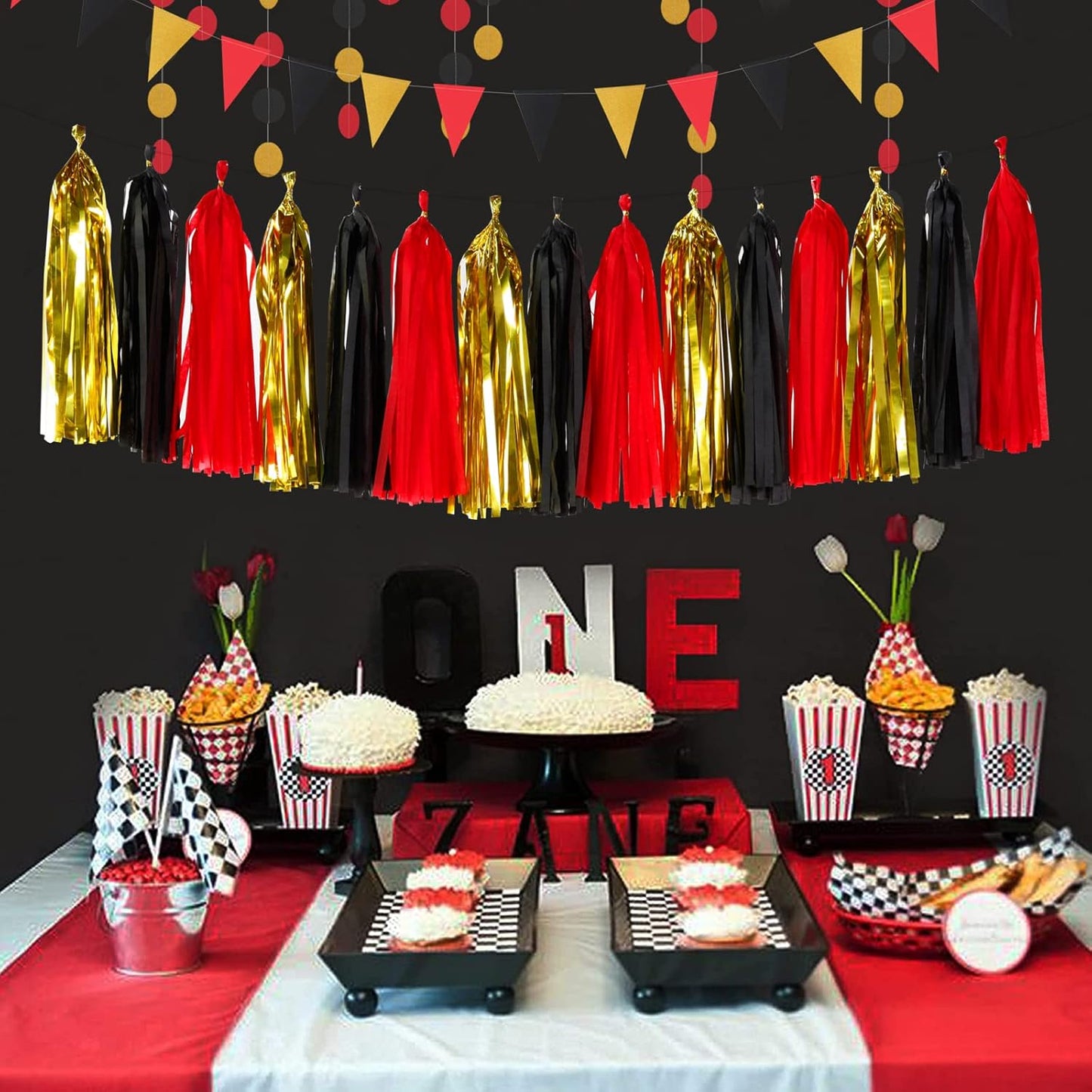 Red-Black Gold Casino-Theme Graduation Party-Decorations - 23pcs Kits Game Night Streamer Tissue Paper Pom Poms,Tassel Garland Banner,Birthday Wedding Baby Bridal Shower Decor Lasting Surprise