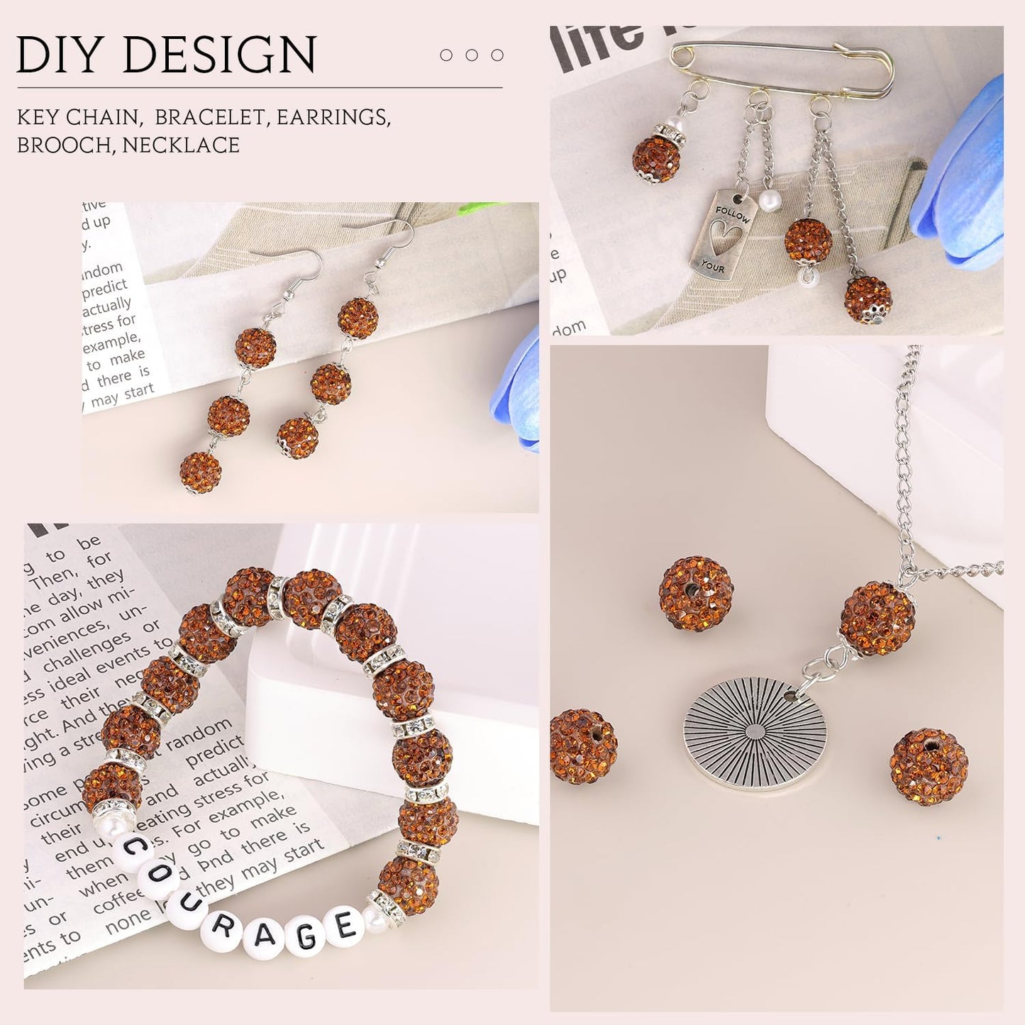 100 pcs 10mm Rhinestone Beads for Jewelry Making, Brown Shiny Round Shamballa Disco Beads Bulk, Sparkle Crystal Clay Christmas for Bracelet Baseball Necklace Earring Crafting and DIY