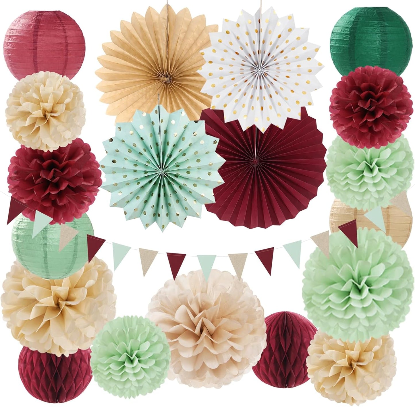 Sage-Olive Green Burgundy-Champagne Boho Party-Decorations - 20pcs Birthday Paper Lanterns Fans,Tissue Pom Poms,Honeycomb Balls,Bunting,Christmas Bridal Baby Shower Wedding Engagement Decor Burgleda