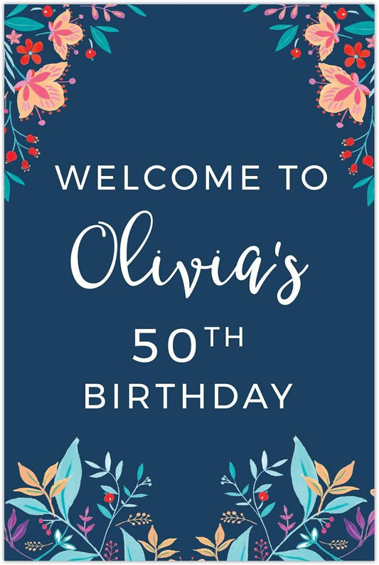 Andaz Press Personalized Extra Large Birthday Easel Board Party Sign, 12x18-inch, Vintage Bohemian Flowers on Navy Blue, Welcome to Olivia's 50th Birthday, 1-Pack, Custom Name Age