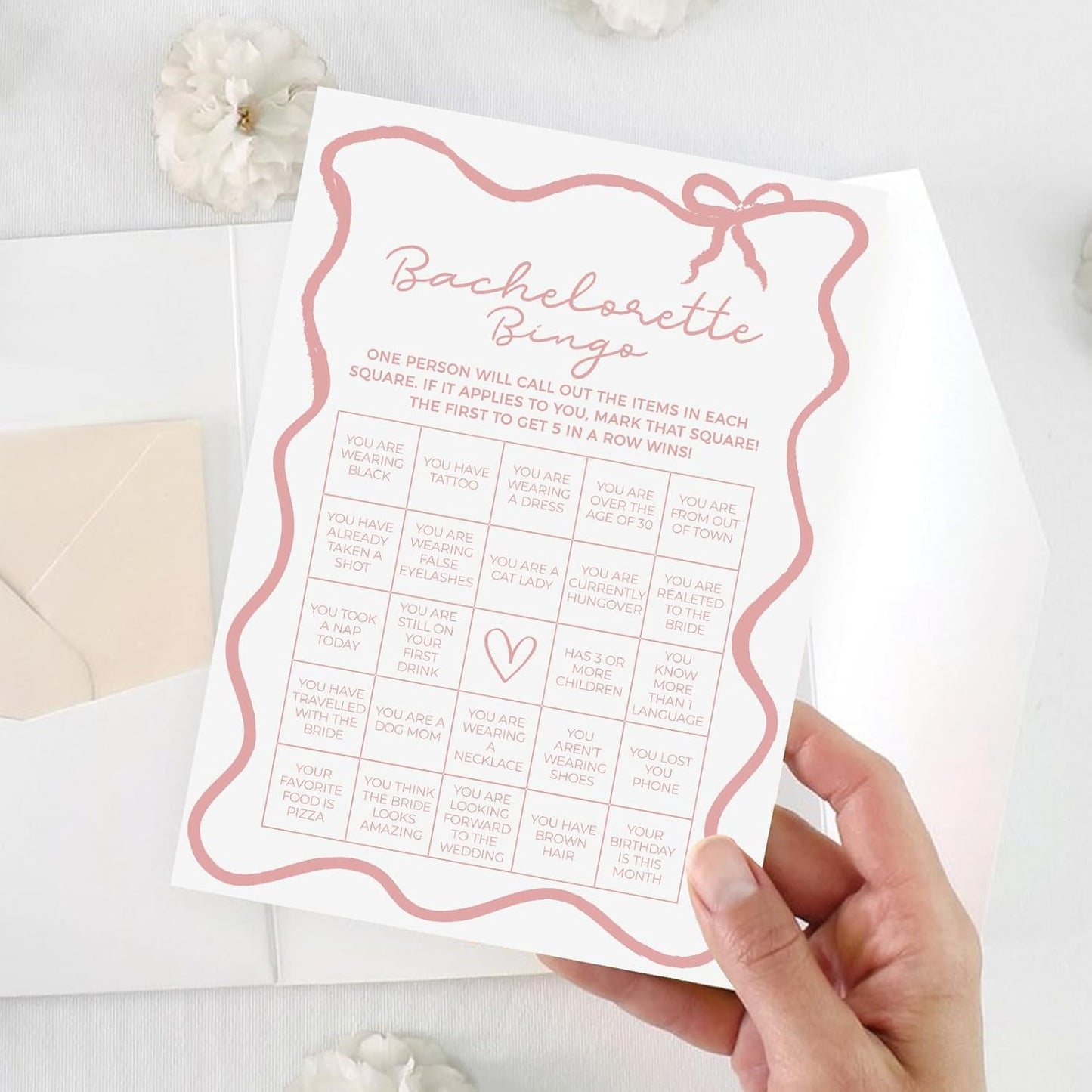 DEEKA 30 PCS Bridal Shower Games Card for 30 Guests White Pink Wavy Border Ribbon Bow Funny Wedding Bachelorette Party Games for Reception (Bachelorette Bingo)