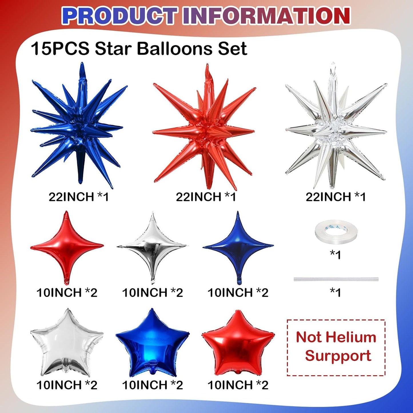 Star Balloons, 22in Red White and Blue Star Balloons Foil 10in 4-Pointed & Pentagram Balloon for 4th of July Independence Day Birthday Party Patriotic Decoration