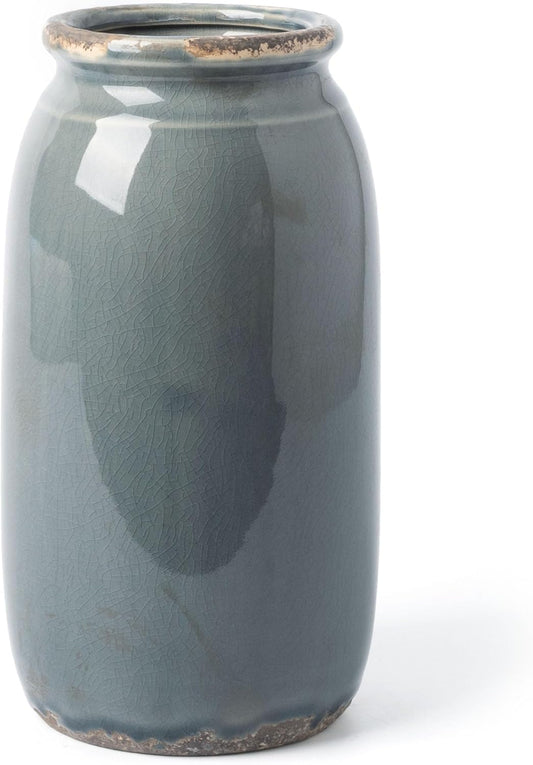 VICTOR & TERESA Rustic Large Blue and Grey Vase for Home Decor, 10'' Tall Ceramic Vases for Flowers, Farmhouse Decorative Vases for Pampas Grass, Table, Mantel, Living Room, Centerpieces