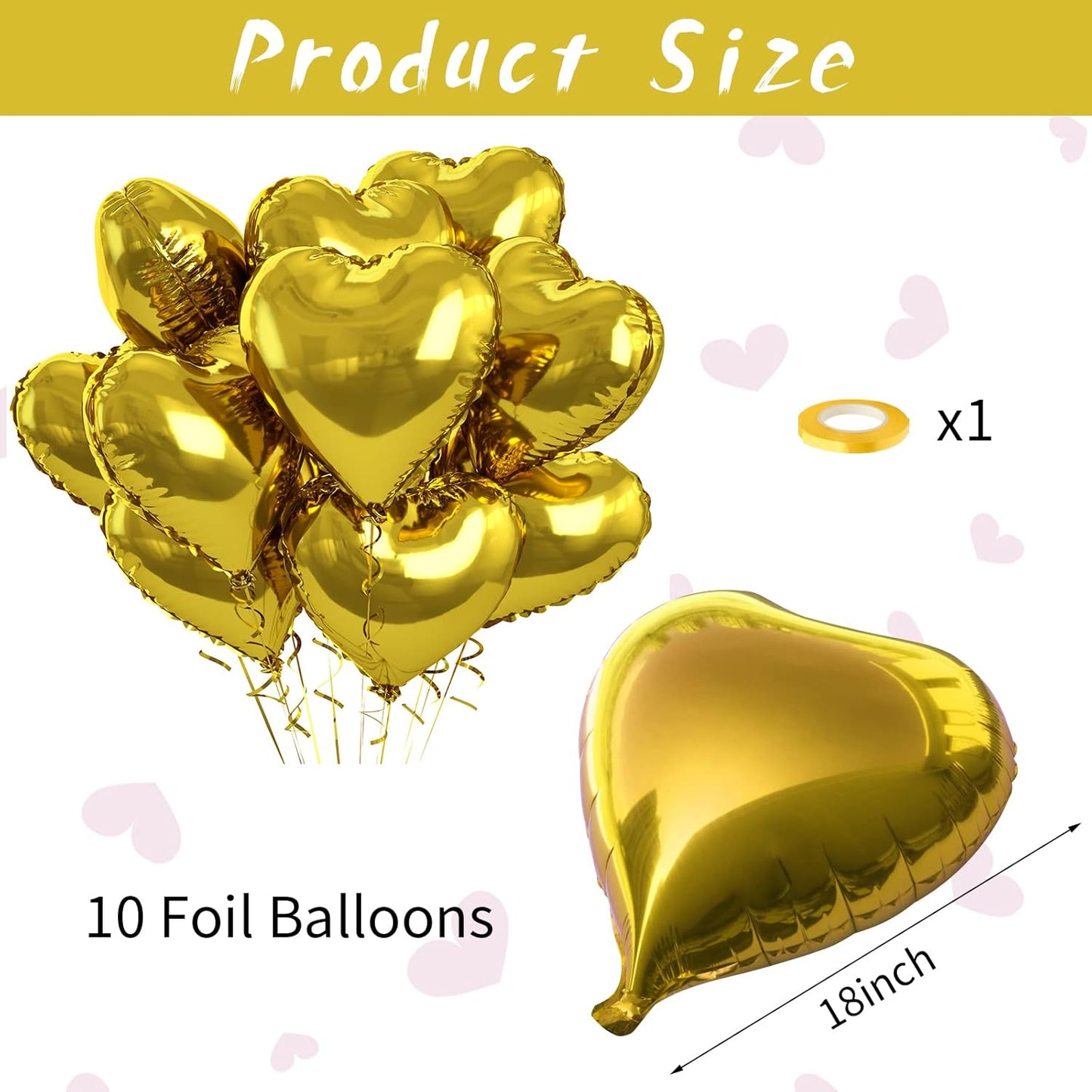 Gold Heart Foil Heart Shaped Balloons, 10PCS Gold Foil Heart Balloons Valentines Balloons, 18inch Gold Love Foil Balloons for Helium Valentine Decorations for Gold Wedding, Brithday Party, Anniversary
