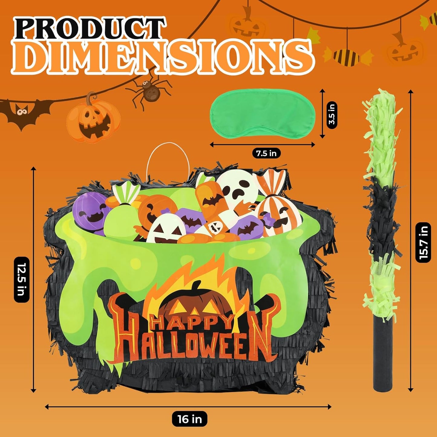 Halloween Witch's Cauldron Pinatas Bundle with a Blindfold and Bat (16.1x12.5x4 Inches), Bubbling Witch Pot, Wizard Theme Birthday Party Game and Decoration