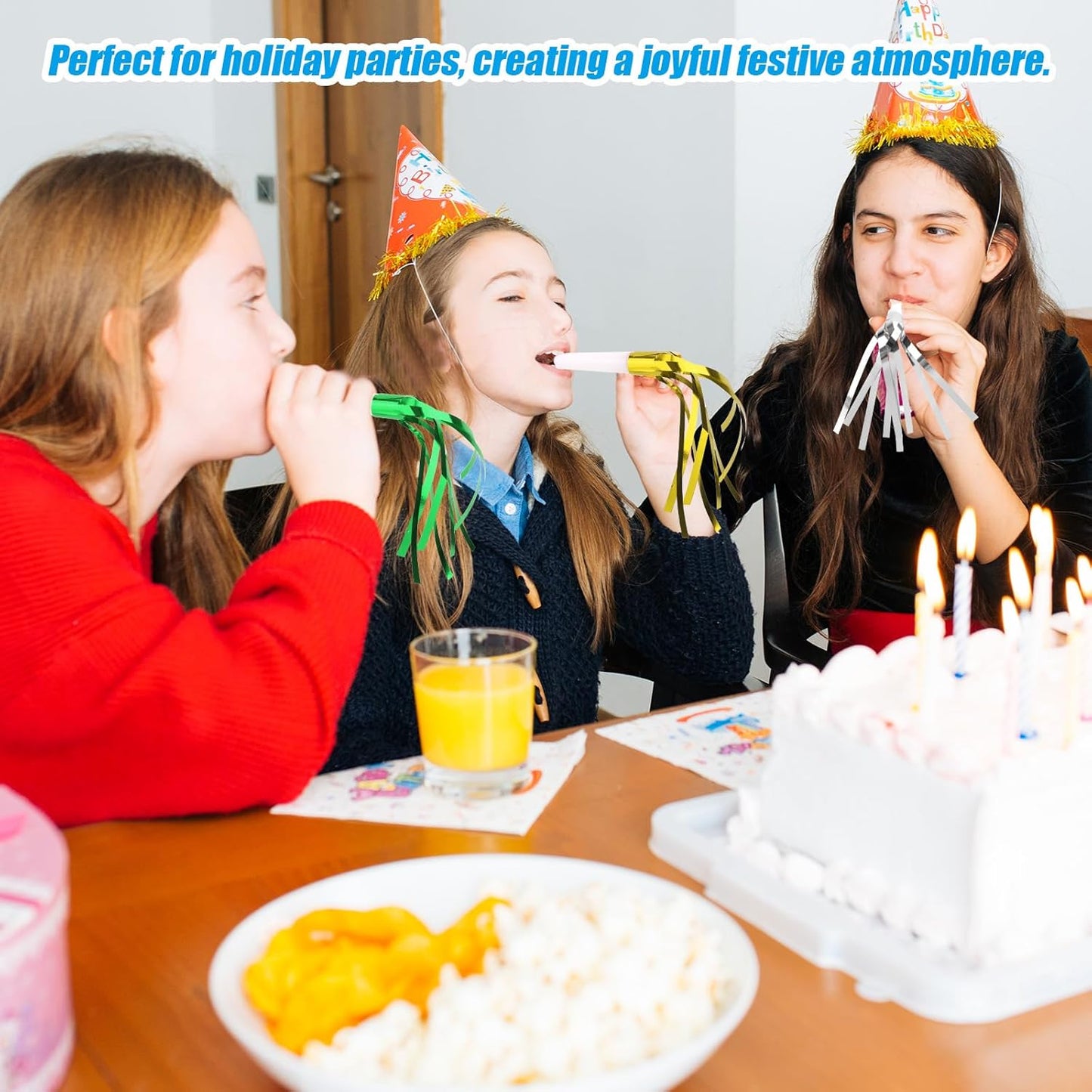 12pcs Glitter Fringed Party Blowers, Colorful Birthday Blow Horns Funny Noise Makers Party Favors Squawker Blowouts for Birthday New Years Graduation