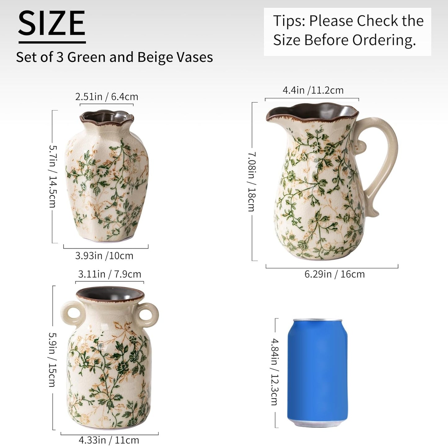 Ceramic Vases Set of 3, Green & Beige Chinoiserie Flower Pitcher Vase, Farmhouse Vintage Floral Vase Home Decor for Mantle, Fireplace, Kitchen Counter, Living Room Bookshelf Rustic Table Centerpiece