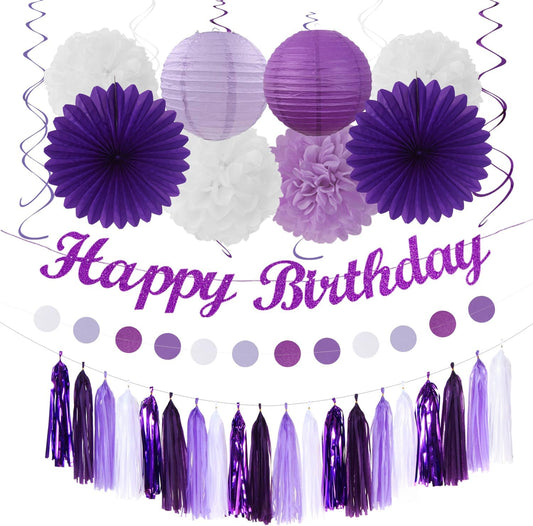 Purple-Lilac Lavender-White Happy Birthday Party-Decorations - 31pcs 20th Women Girls Paper Lanterns Streamers Banner,Tissue Pom Poms Decor,Flower Fans Tassels Graland Backdrop Supplies Hugmoon