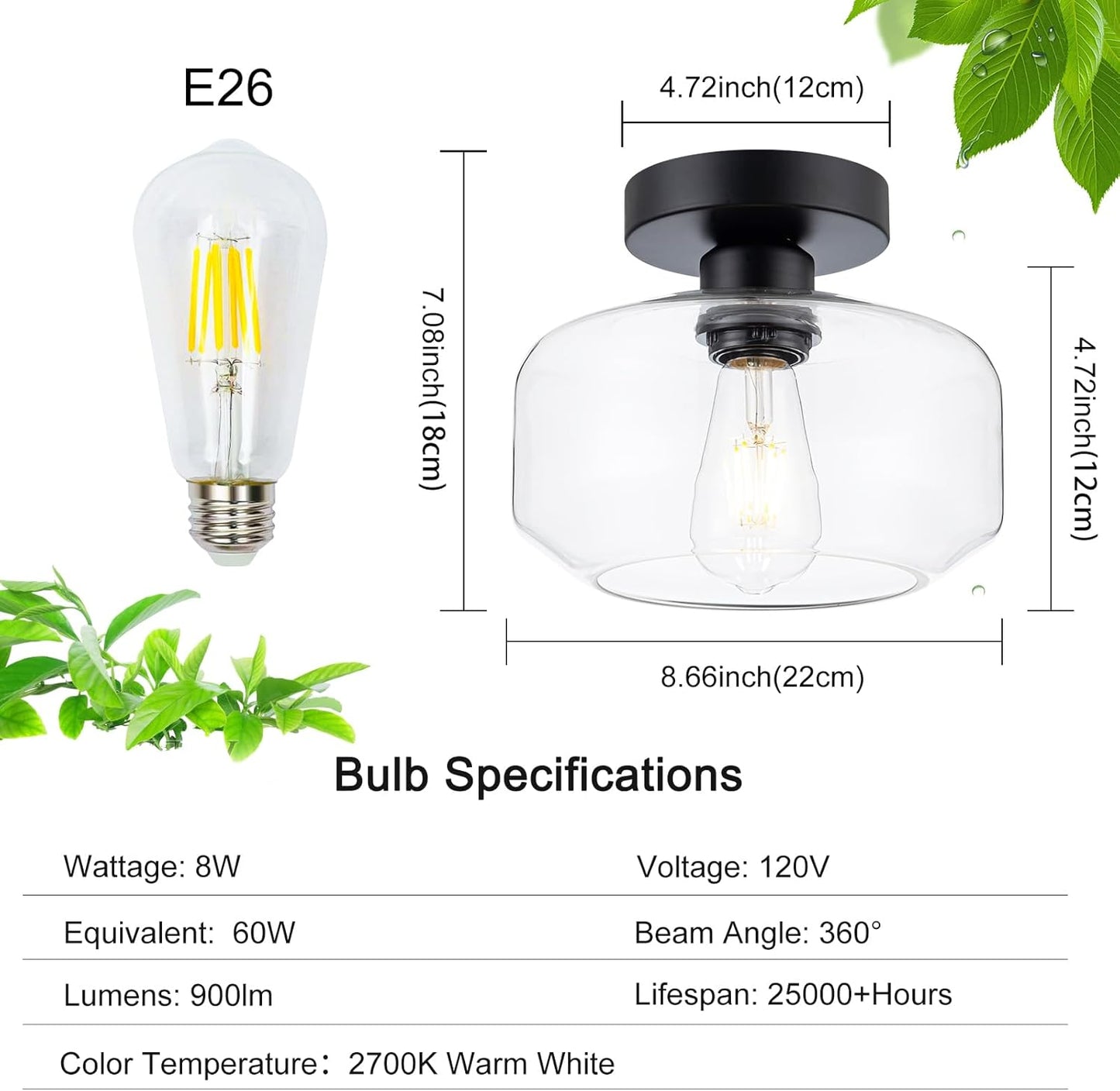 Black Flush Mount Ceiling Light - Modern Glass Semi-Flush Fixture w/LED Bulb - Matte Black Metal for Hallway, Kitchen, Bathroom, Bedroom - Easy Install